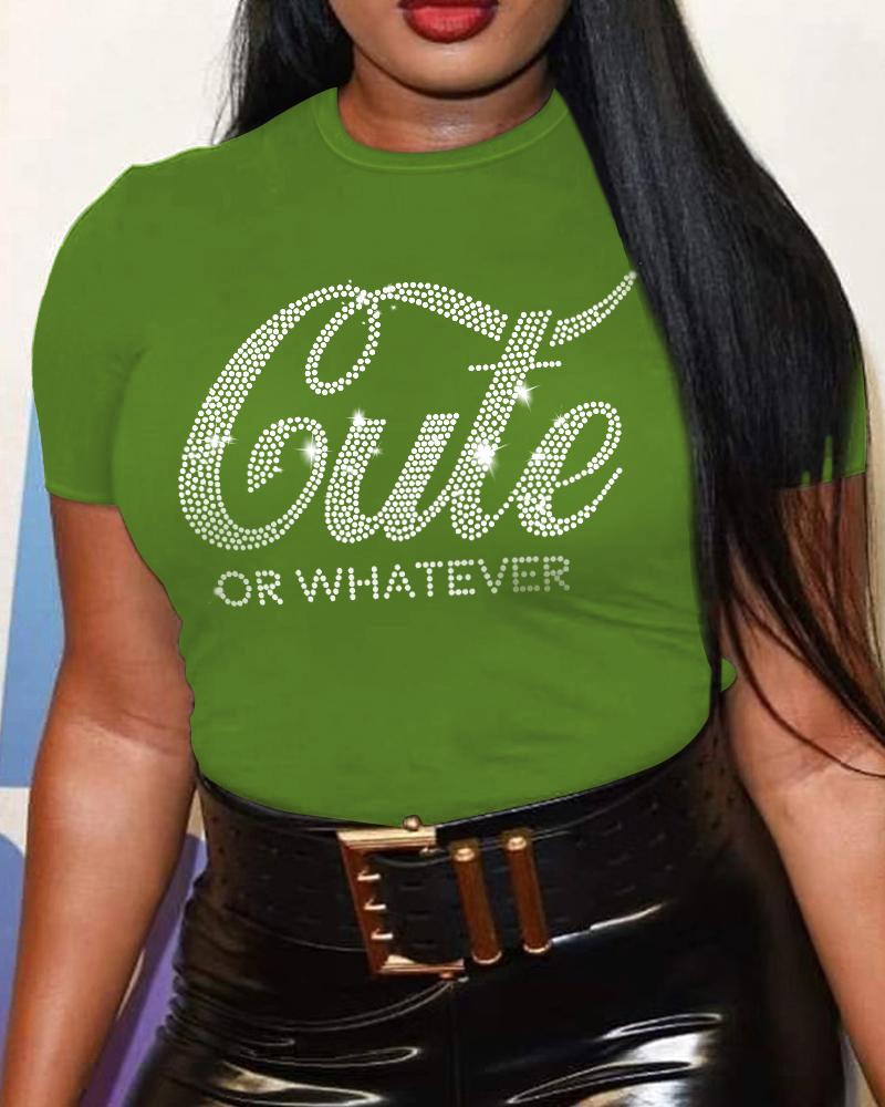 

Plus Size Cute Or Whatever Rhinestone Casual T-shirt, Green