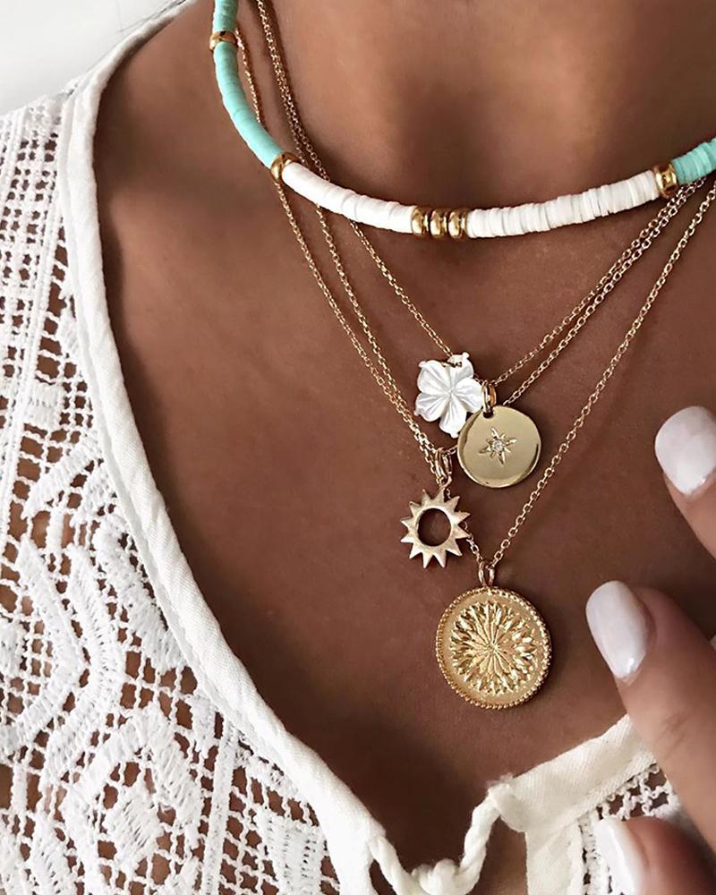 

2PCS Beaded Floral & Coin Layered Pendant Necklace, Gold