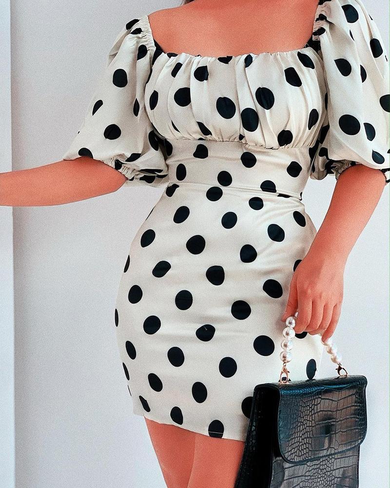 

Polka Dot Puff Sleeve Ruched Bodycon Women Dress, White
