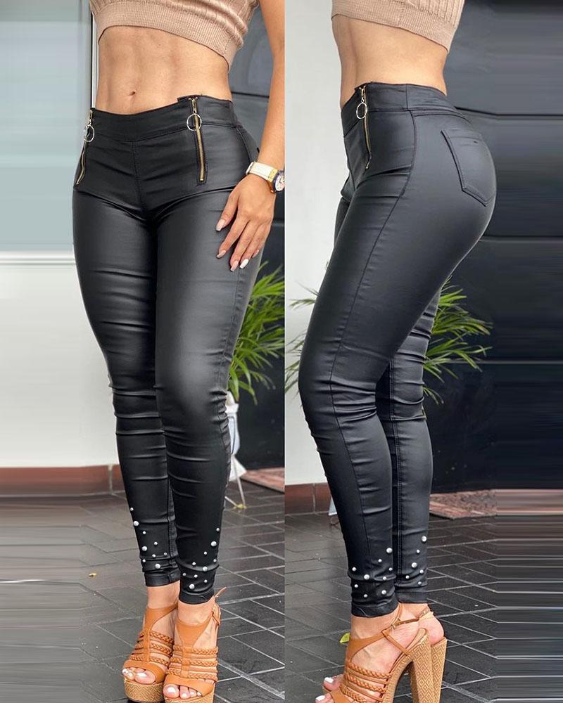 

Beaded Zipper Fly Skinny PU Leather Pants, Black