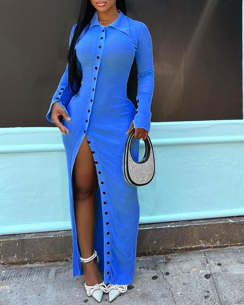 

Ribbed Long Sleeve Buttoned Maxi Dress, Blue