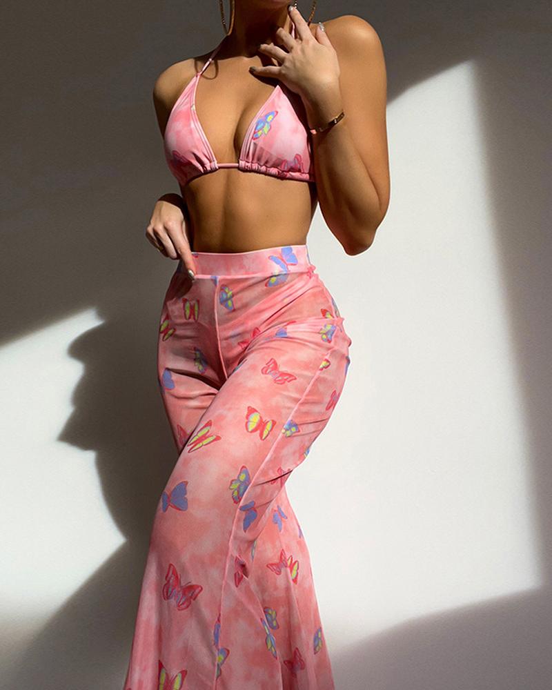 

3PCS Butterfly Print Halter Bikini Set With Cover Up, Pink