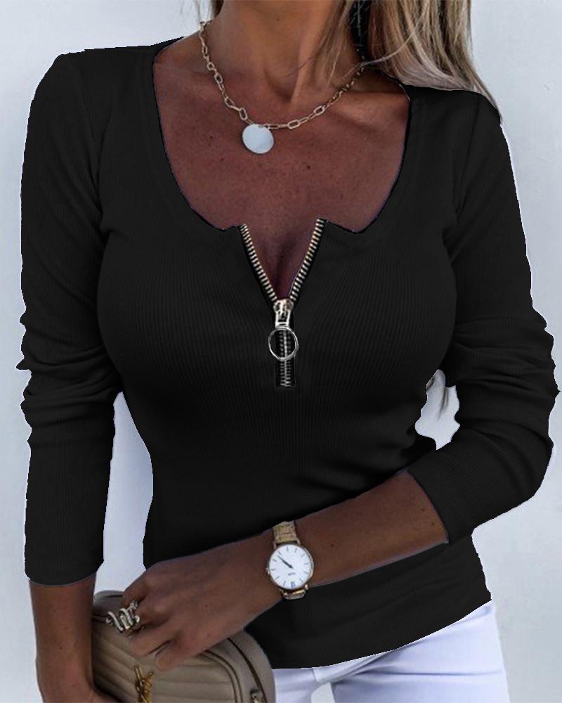 

Zipper Front Long Sleeve Ribbed Top Plain Slim Fit Blouse, Black
