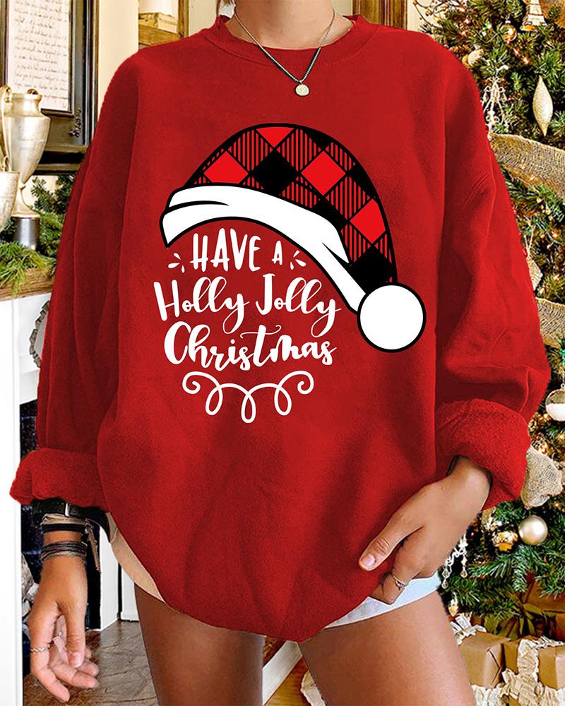 

Christmas Long Sleeve Plaid Hat Letter Print Sweatshirt, Red