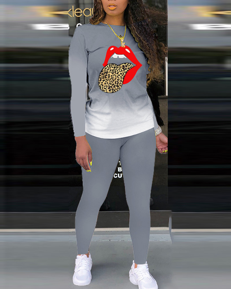 

Ombre Lip Print Long Sleeve Top & Pants Set, Gray