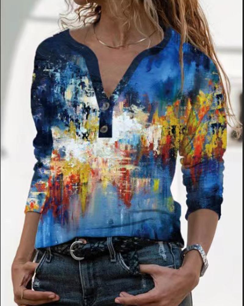 

3D All Over Print Long Sleeve Blouse, Blue