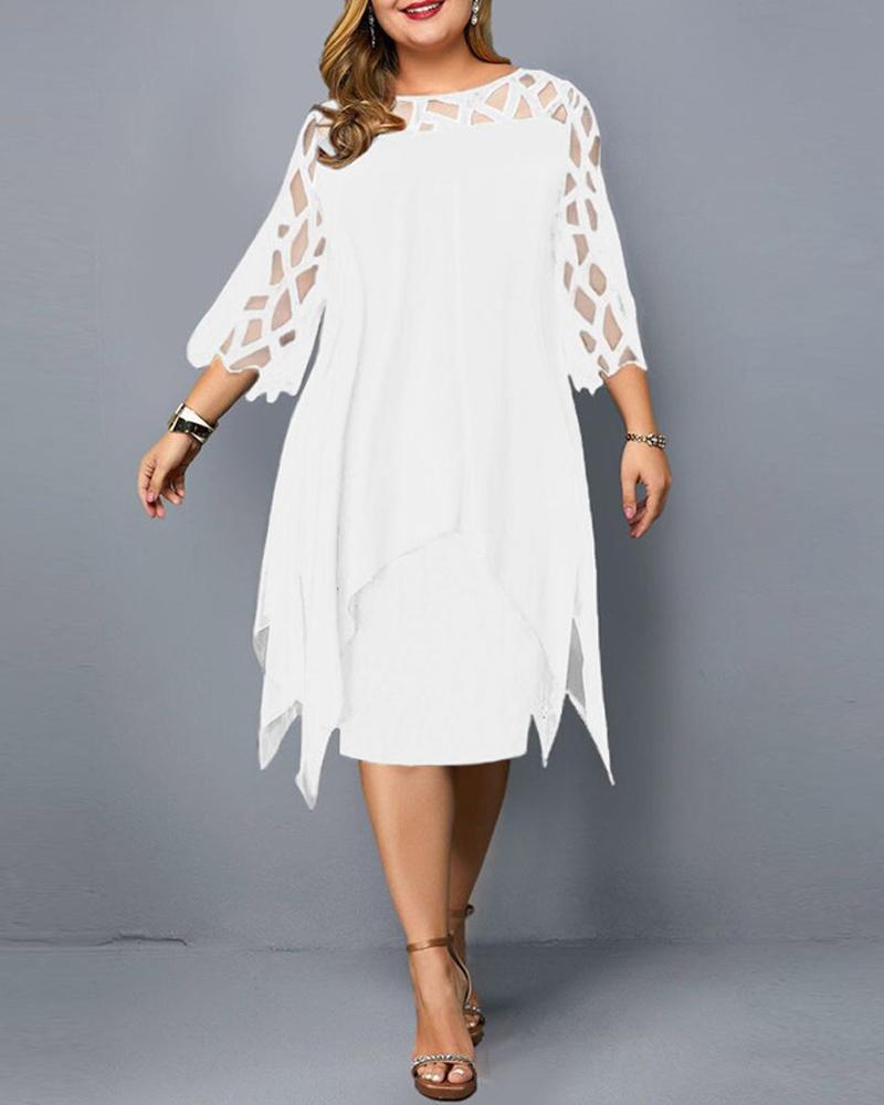 

Plus Size Contrast Lace Asymmetrical Hem Chiffon Casual Dress, White