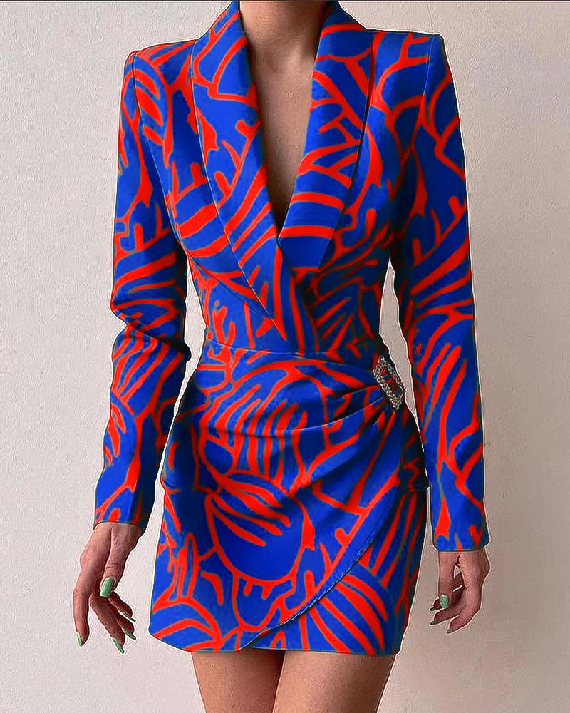 

Allover Print Shawl Collar Ruched Blazer Dress, Blue