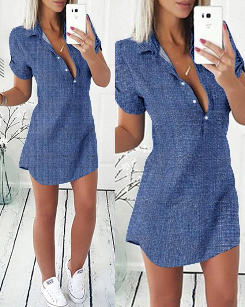 

Short Sleeve Button Front Shirt Dress, Blue