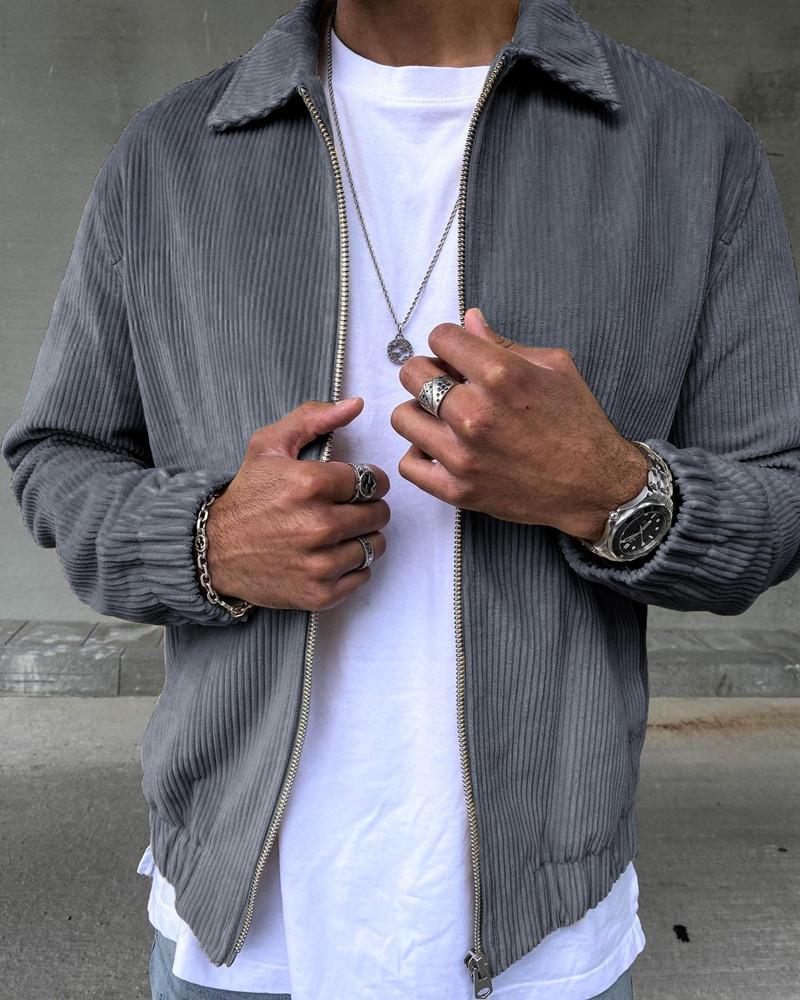 

Solid Color Corduroy Long Sleeve Jacket, Dark grey