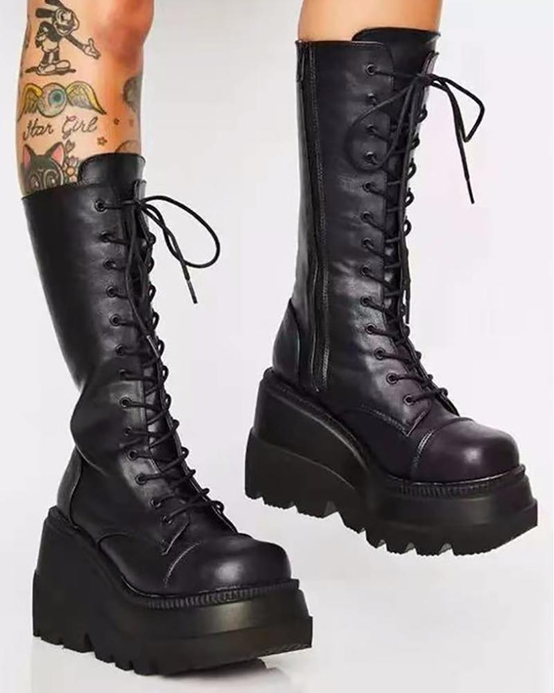 

Lace-up Zipper Design Platform Martin Boots, Black