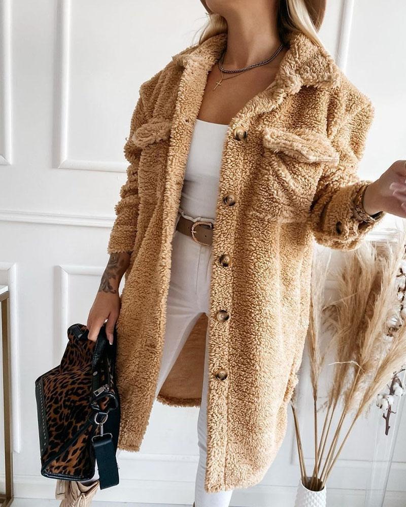 

Flap Pocket Button Front Long Sleeve Teddy Coat, Khaki