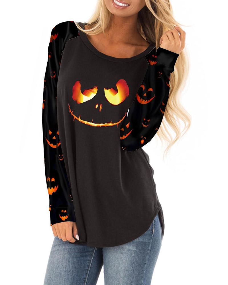 

Halloween Pumpkin Face Print Long Sleeve Top, Black