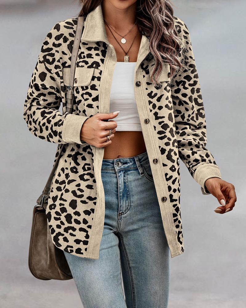 

Leopard Print Long Sleeve Button Down Shacket, Apricot