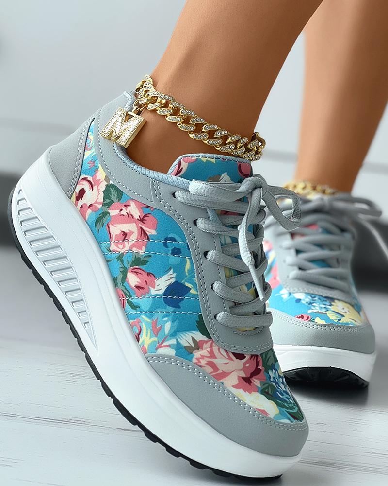 

Floral Print Lace-up Sneakers, Pink&gray