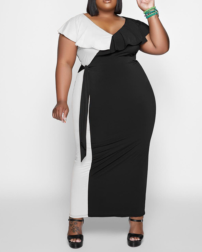 

Plus Size Colorblock Ruffle Hem Tied Detail Maxi Dress, Black