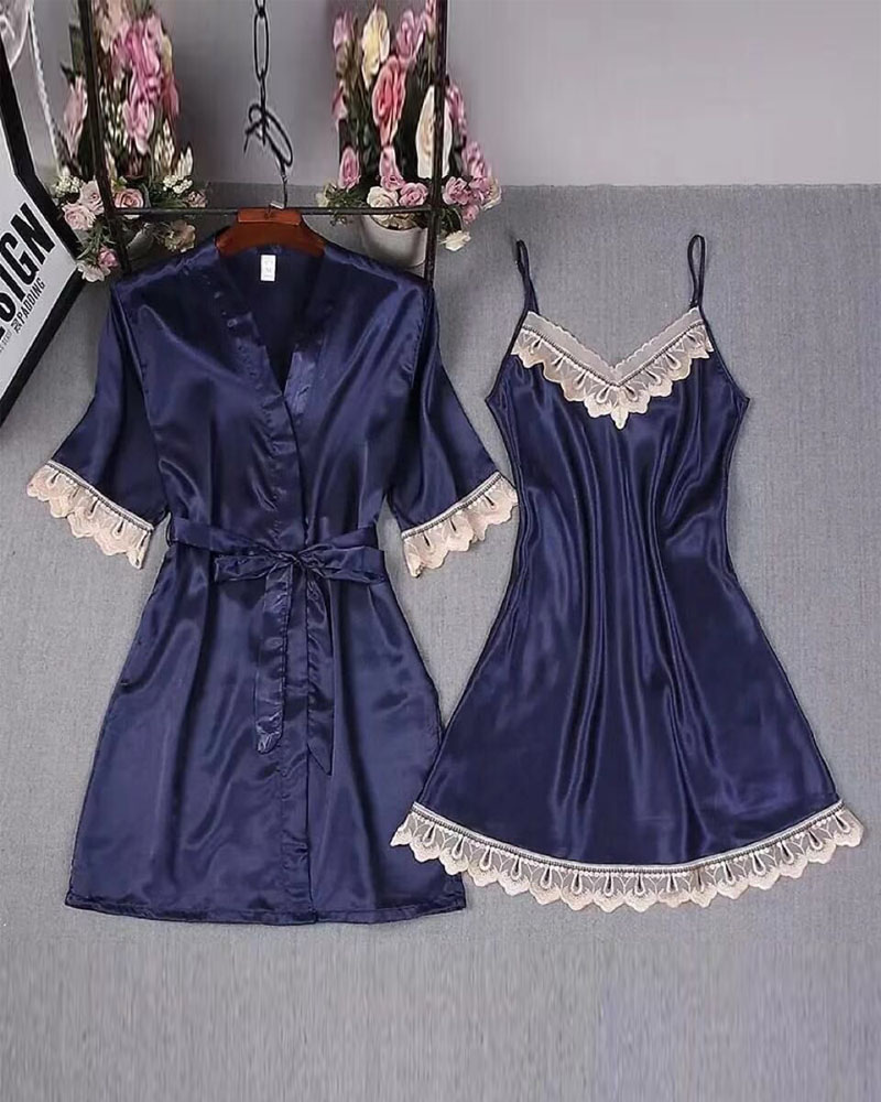 

Contrast Lace Nightdress With Belted Robe, Blue