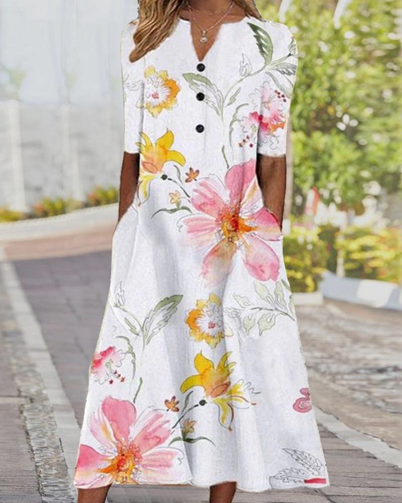 

Floral Print Button Front V-Cut Casual Dress, White