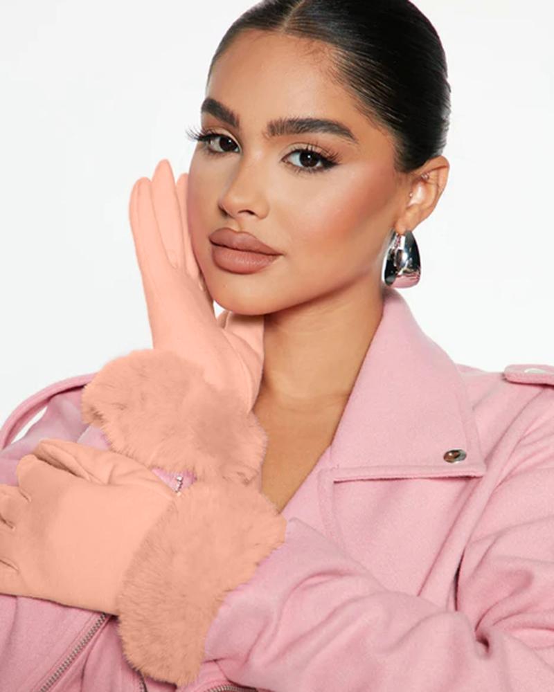 

1Pair Faux Fur Lined Driving Winter Warm Gloves, Pink