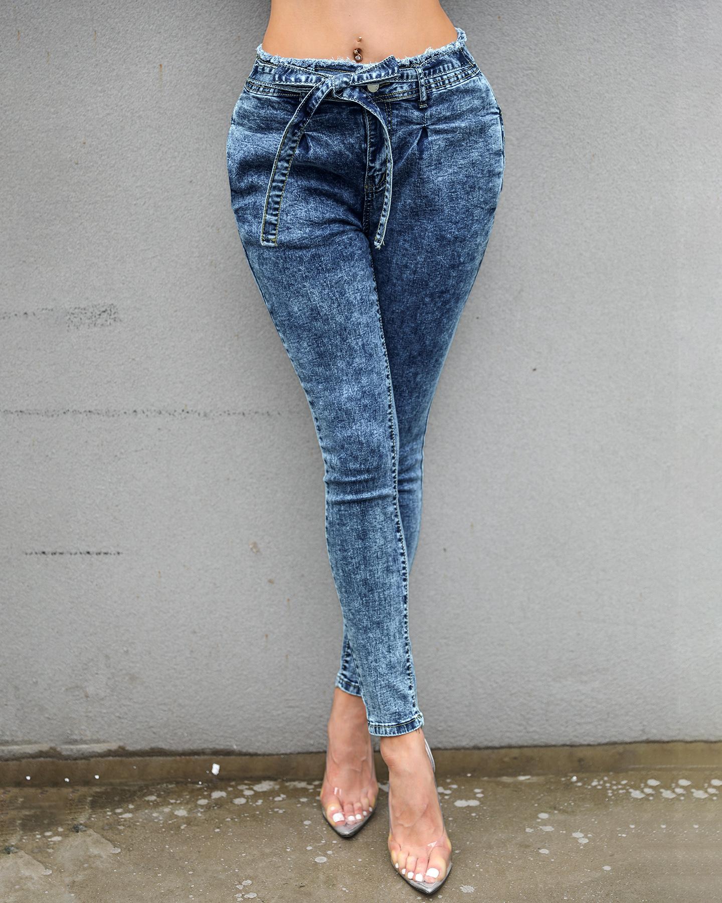 

Paperbag Waist Fringe Hem Denim Pants, Blue