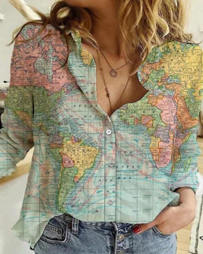 

Map Print Long Sleeve Button Front Shirt, Light green