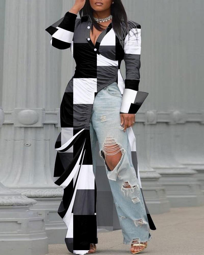 

Plus Size Geometric Print Ruched High Slit Longline Top, Blackwhite