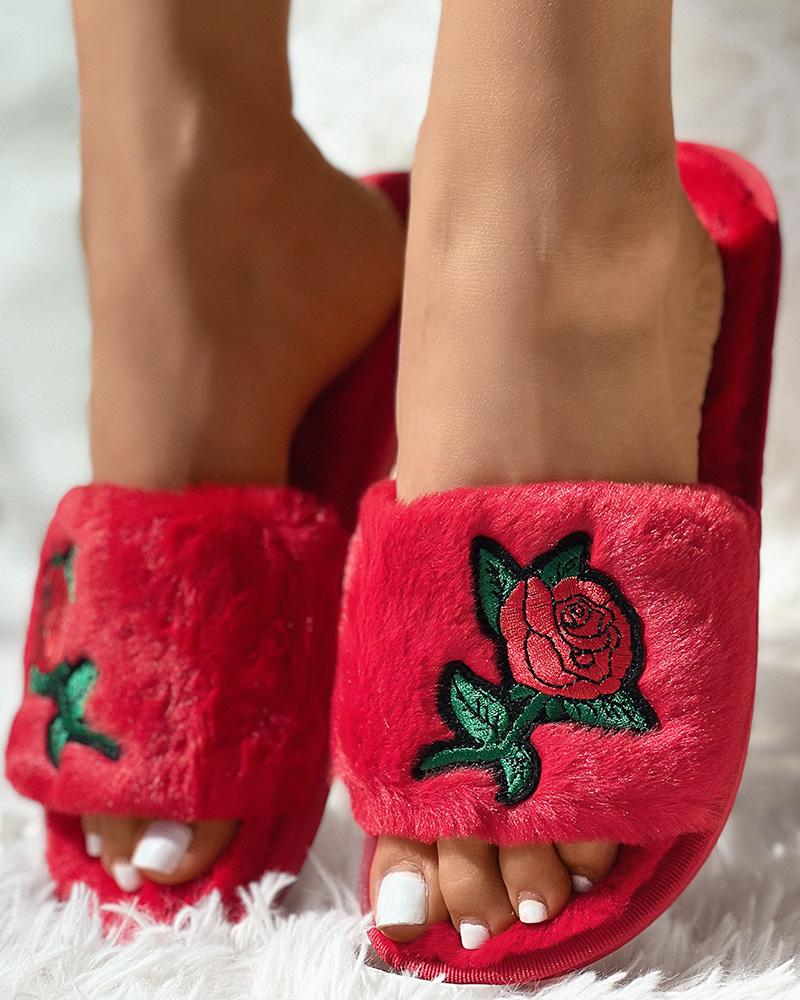 

Fuzzy Floral Pattern Slippers, Red