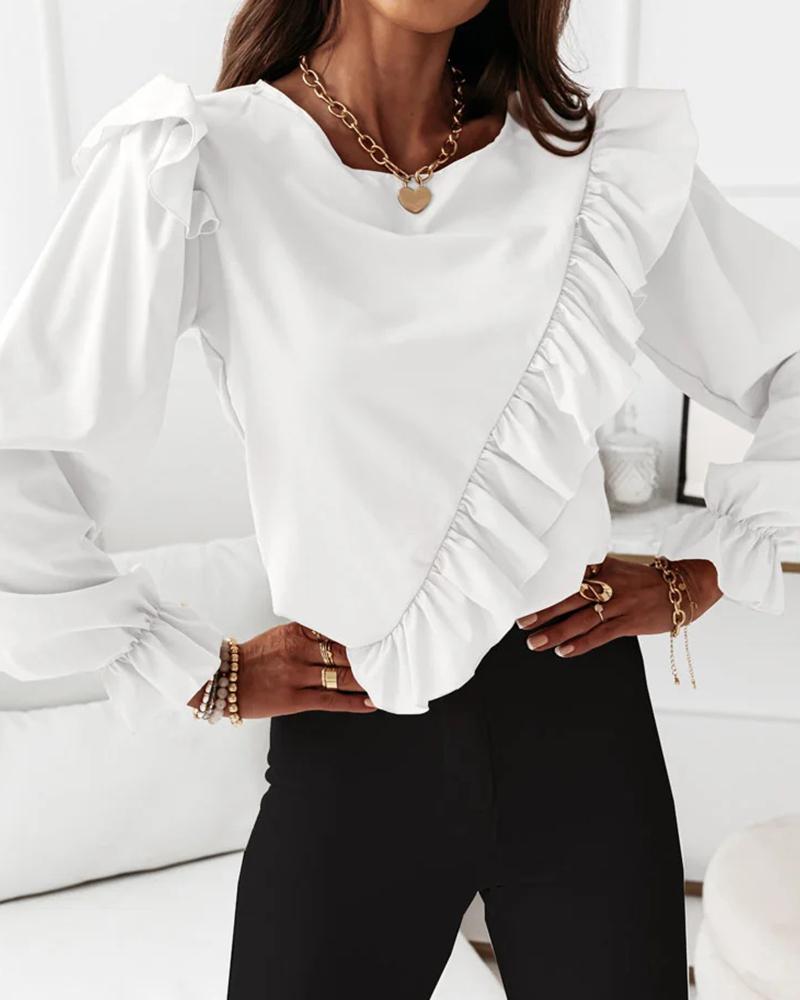 

Solid Frill Hem Long Sleeve Blouse, White