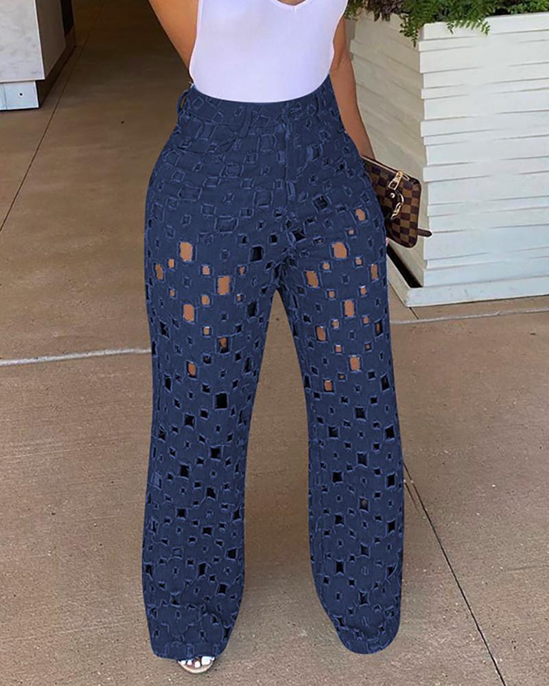 

Cutout Wide Leg Denim Pants, Dark blue