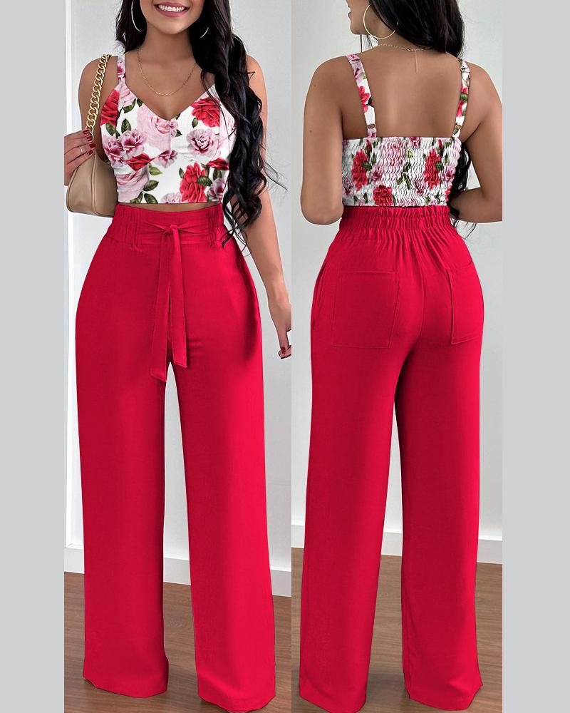 

Floral Print Shirred Crop Top & High Waist Pants Set, Red
