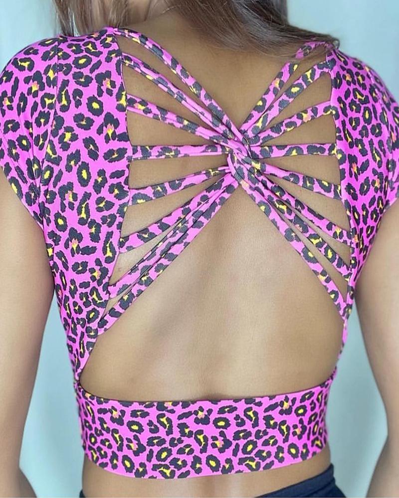 Buy Leopard Print Twisted Back Crop Top. Picture