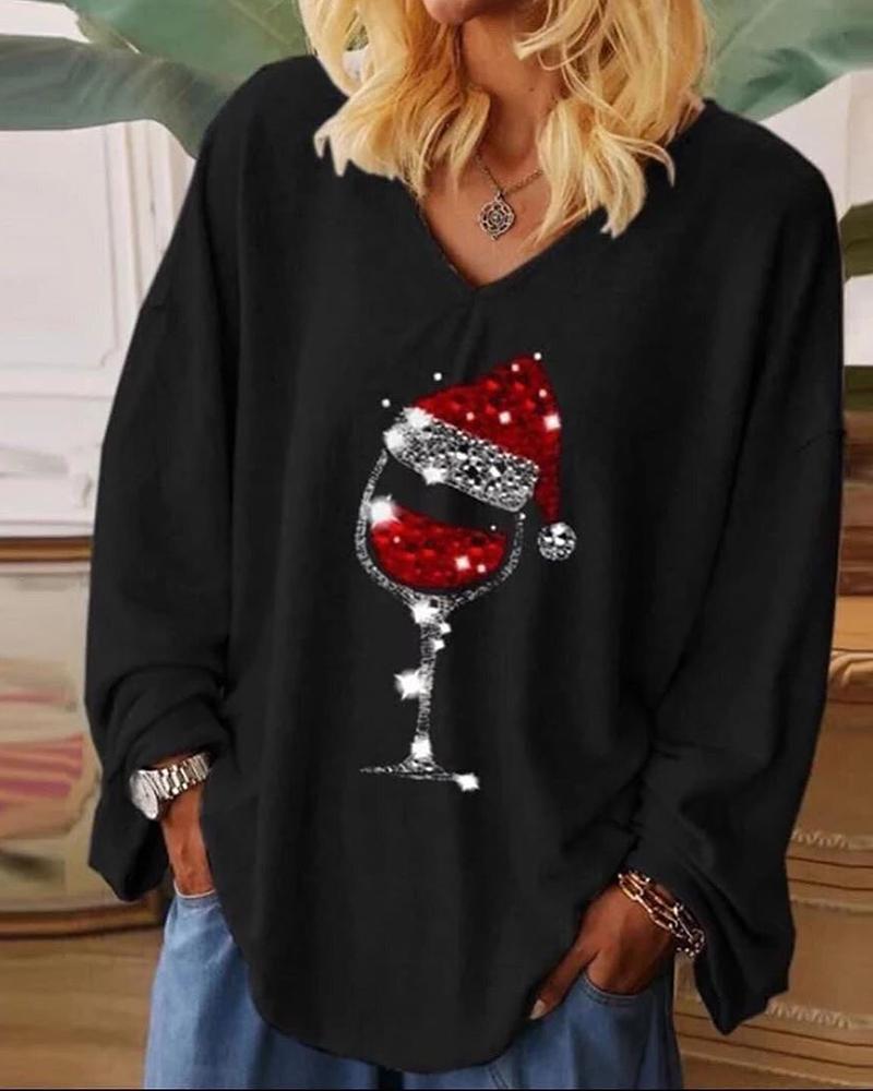 

Christmas Wine Glass Print Casual Sweatshirt, Black