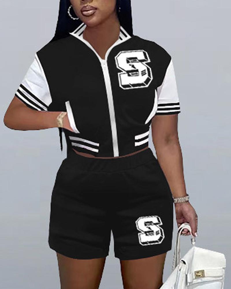 

Contrast Paneled Letter Patch Zip Up Crop Top & Shorts Set, Black