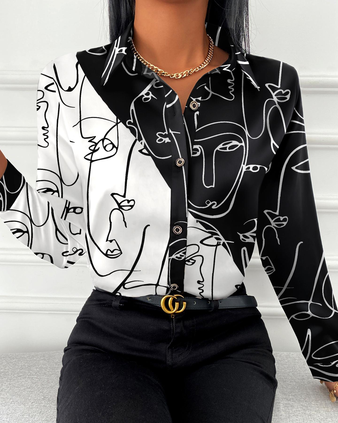 

Colorblock Figure Print Button Down Shirt, Black