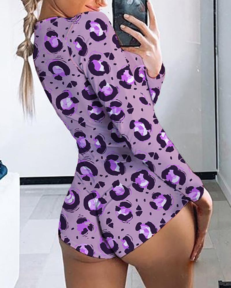 

Leopard Print Long Sleeve Onesie Romper, Purple