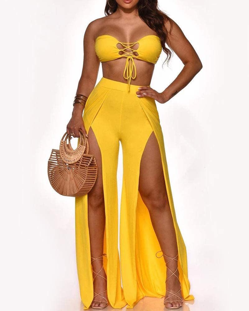 

Lace-up Bandeau Crop Top & High Slit Pants Set, Yellow