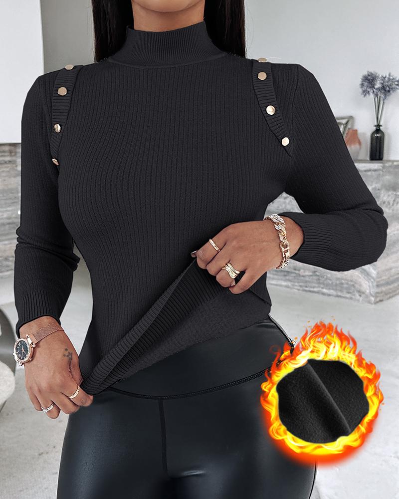 

High Neck Knit Sweater Fleece Lined Front Button Basic Layering Soft Thermal Top, Black