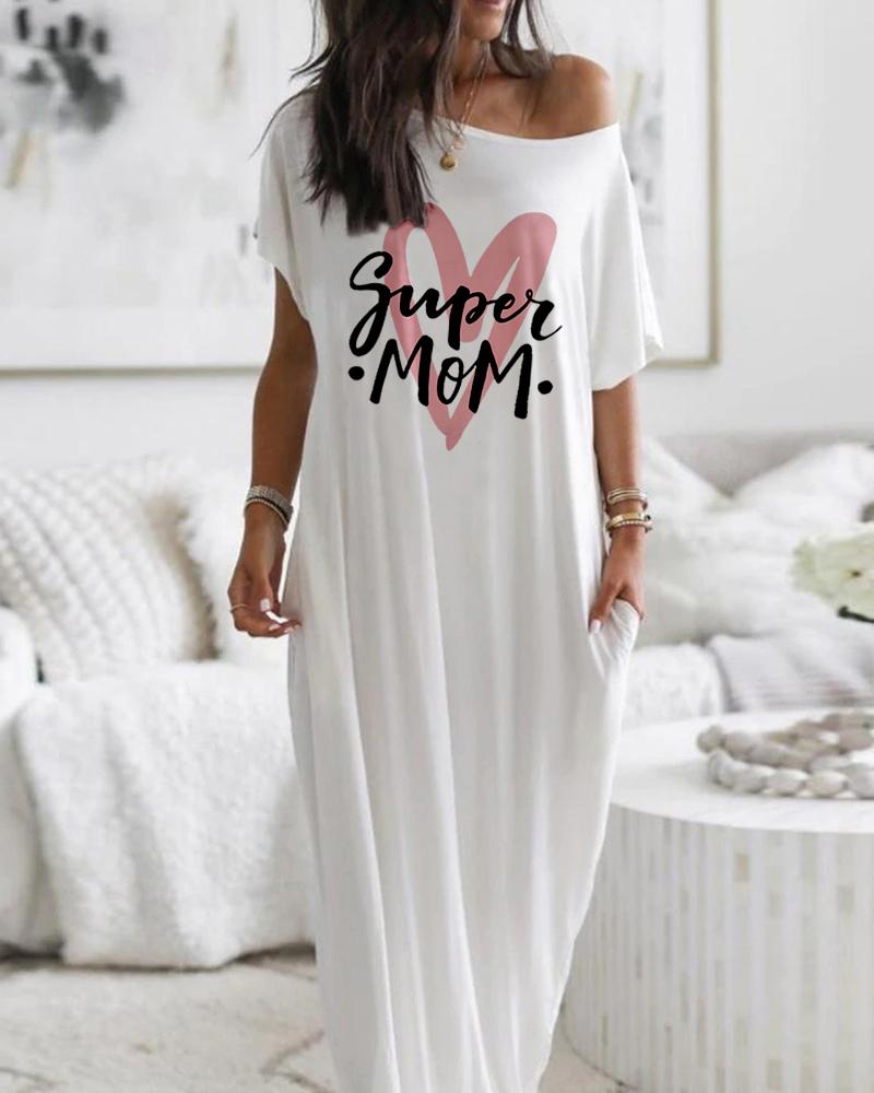 

Mother's Day Letter Heart Print Pocket Design Casual Dress, White