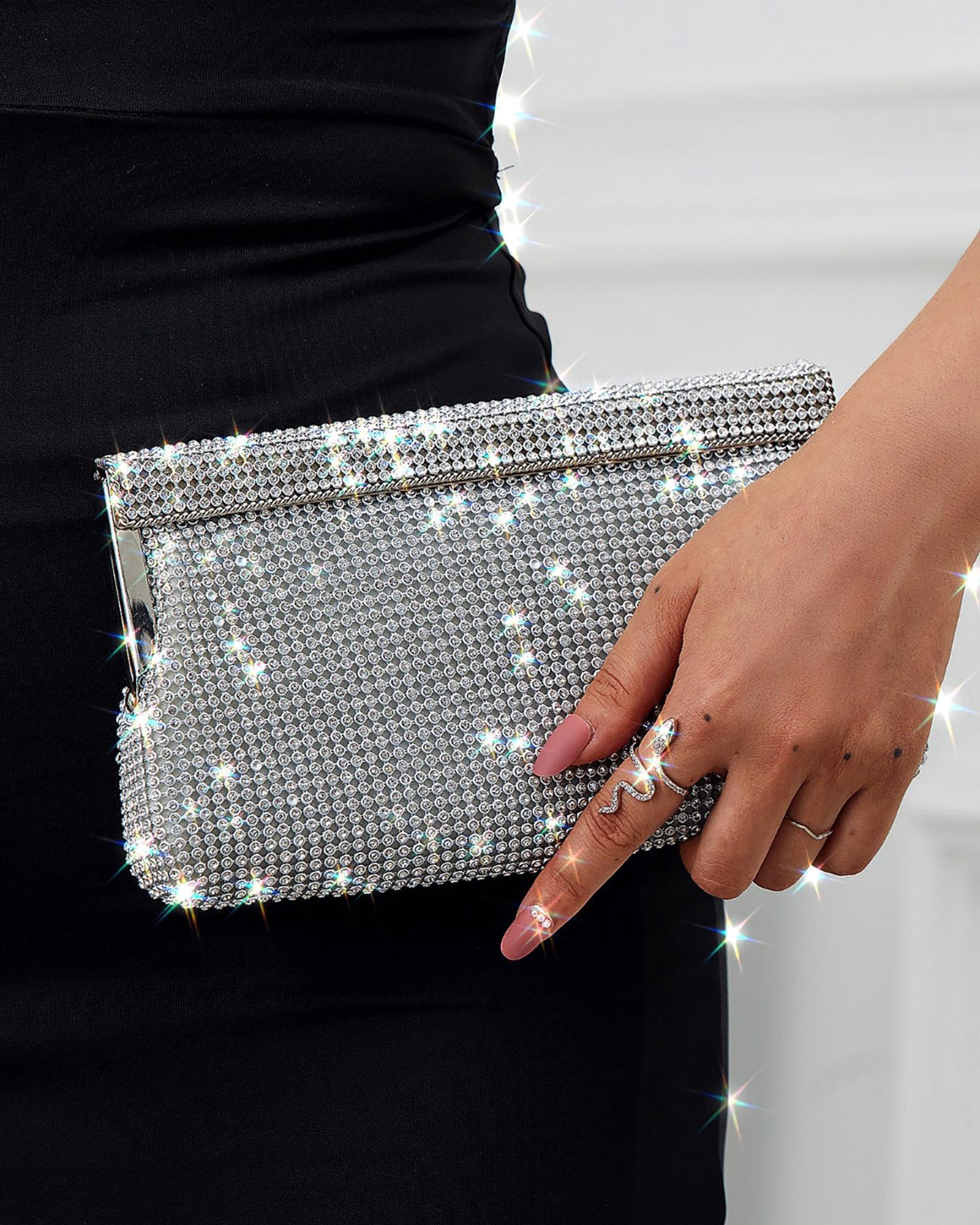 

Gold Rhinestone Decor Chain Clutch Bag Evening Handbags, Silver