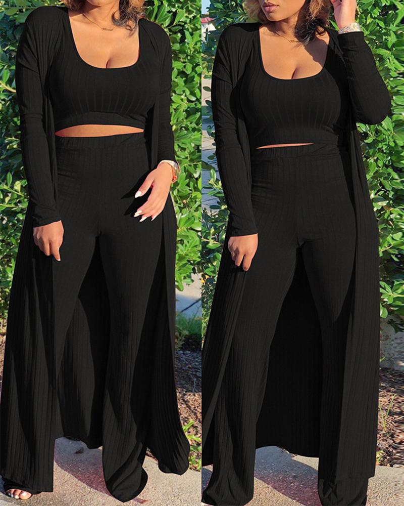 

Ribbed Tank Top & Bootcut Pants Set With Longline Cardigan, Black