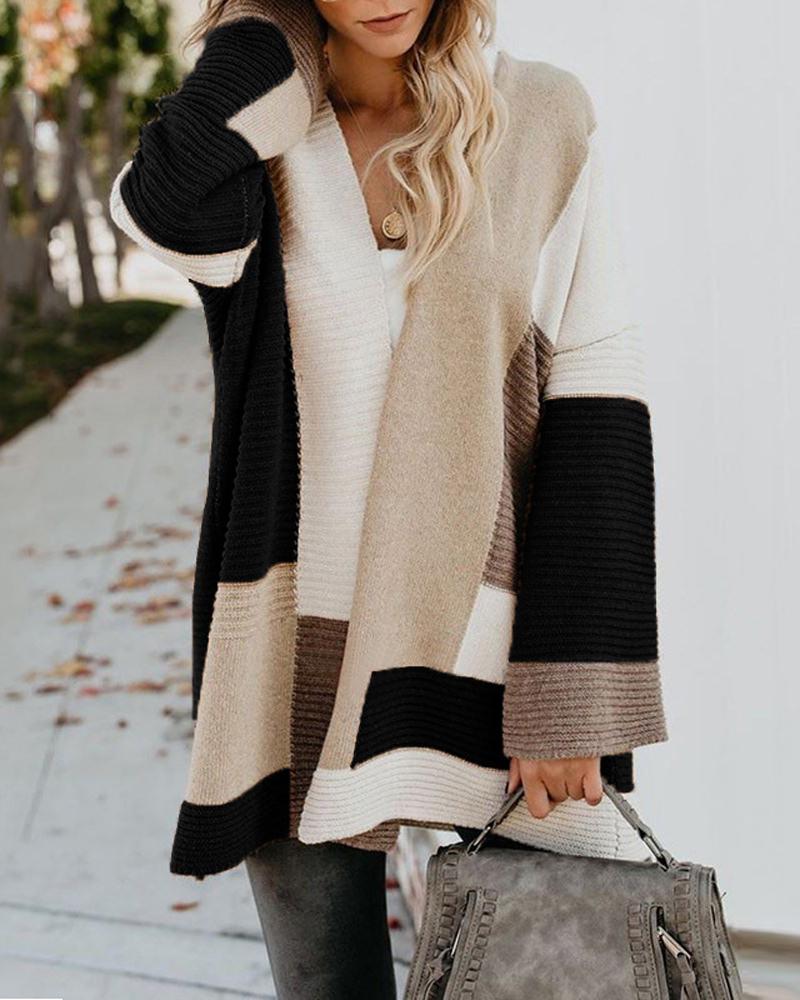 

Colorblock Long Sleeve Open Front Cardigan, Black