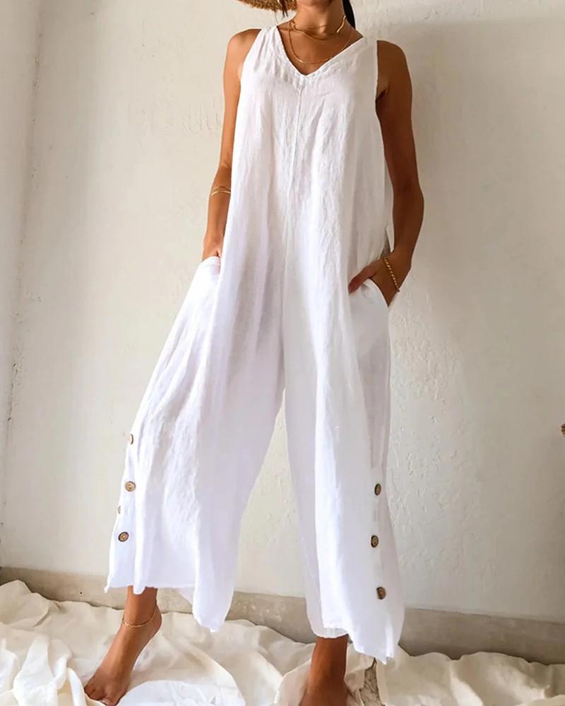 

Pocket Design V-Neck Casual Jumpsuit, White
