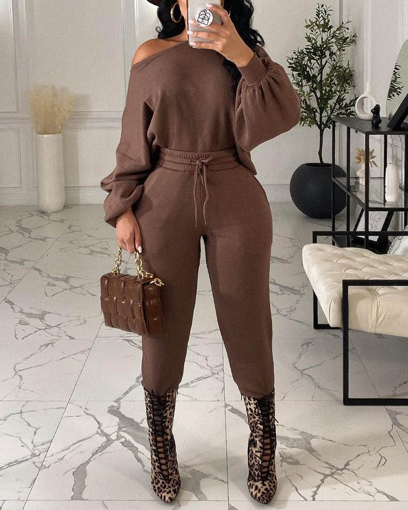 

Lantern Sleeve Top & Drawstring Pants Set, Coffee