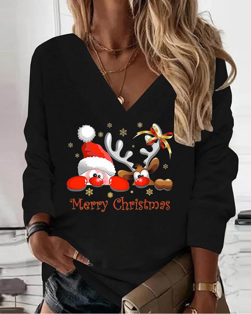 

Christmas Santa Claus Elk Print Long Sleeve Top, Black