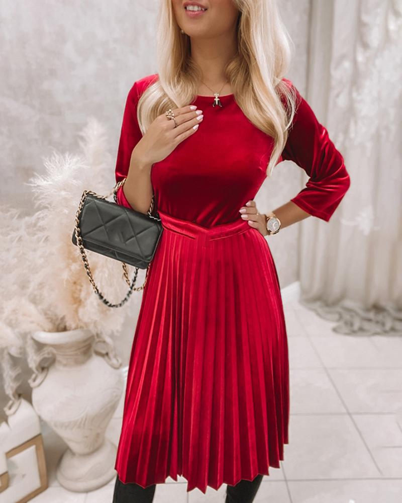 

Bowknot Back Velvet Pleated Casual Dress, Red