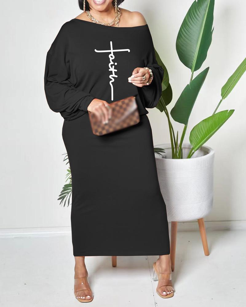 

Plus Size Letter Print Batwing Sleeve Casual Dress, Black