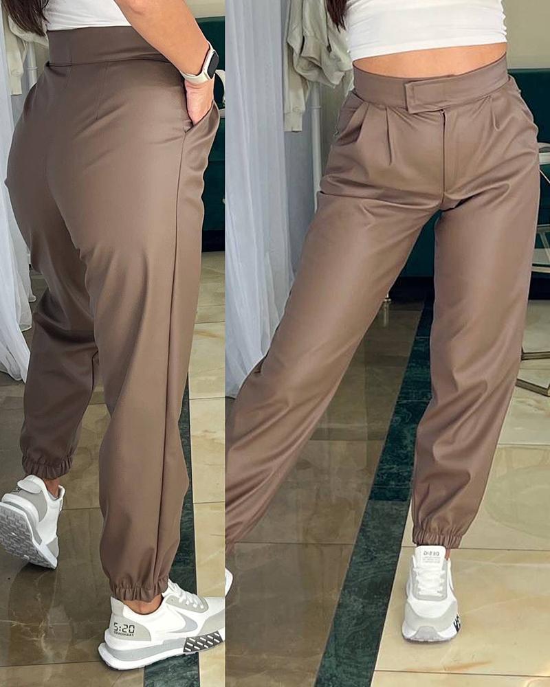 

PU Leather Overlap Waist Cuffed Pants, Brown