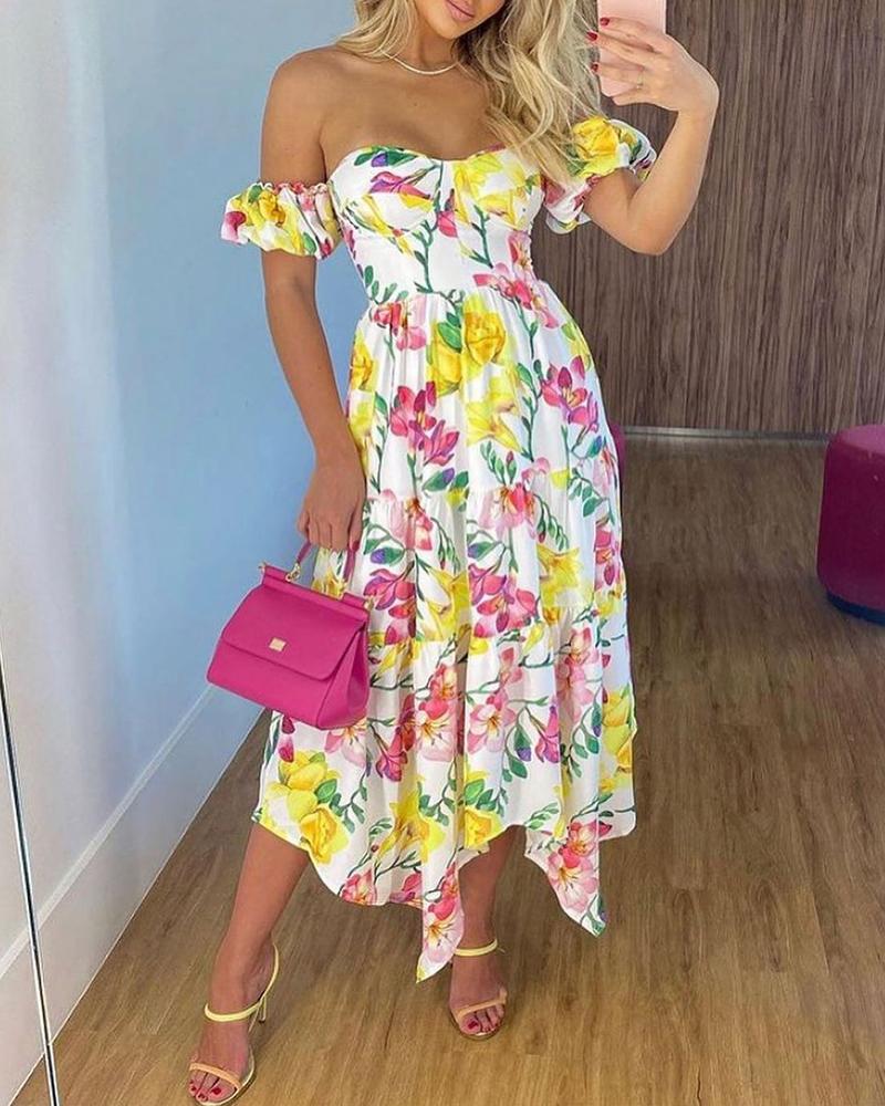 

Off Shoulder Short Sleeve Floral Print Dress, Multicolor