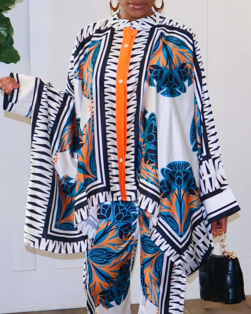 

Conjunto de blusa e calça com estampa de plantas geométricas manga morcego, Blue