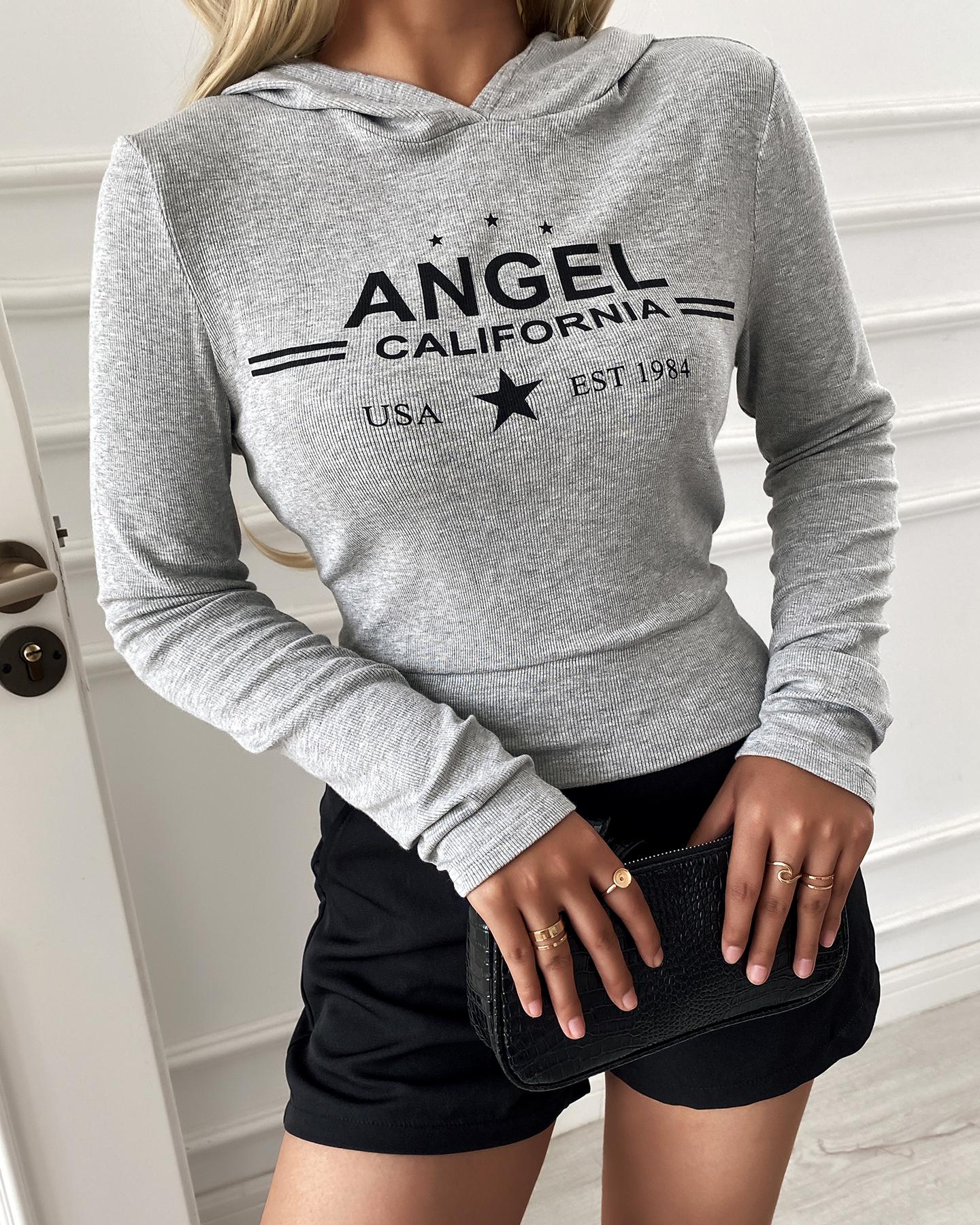 

Letter Print Long Sleeve Casual Hooded Top, Gray